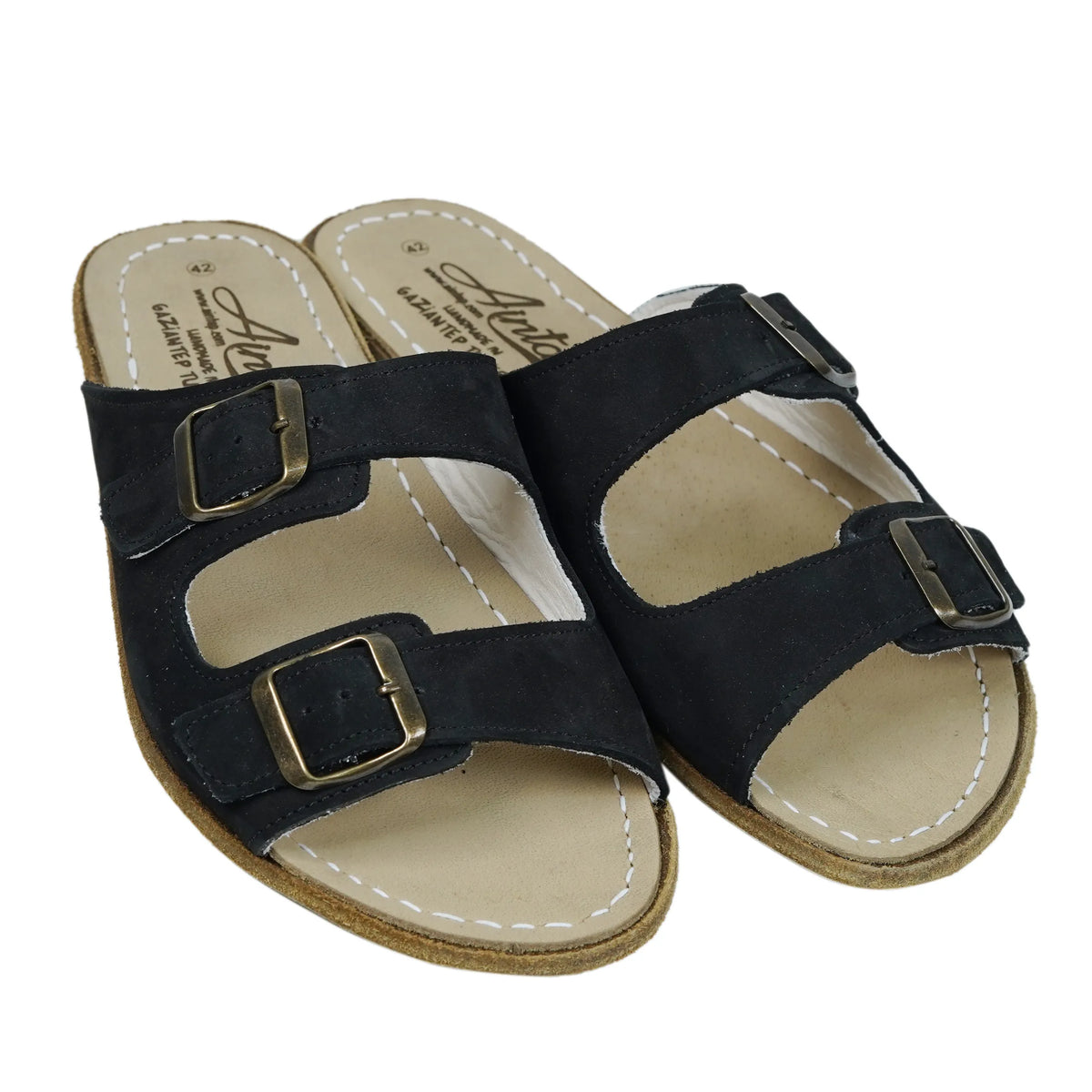 Nubuck Barefoot Double Strap Sandals Shoes – Classic Sole — Leather Sole – Black