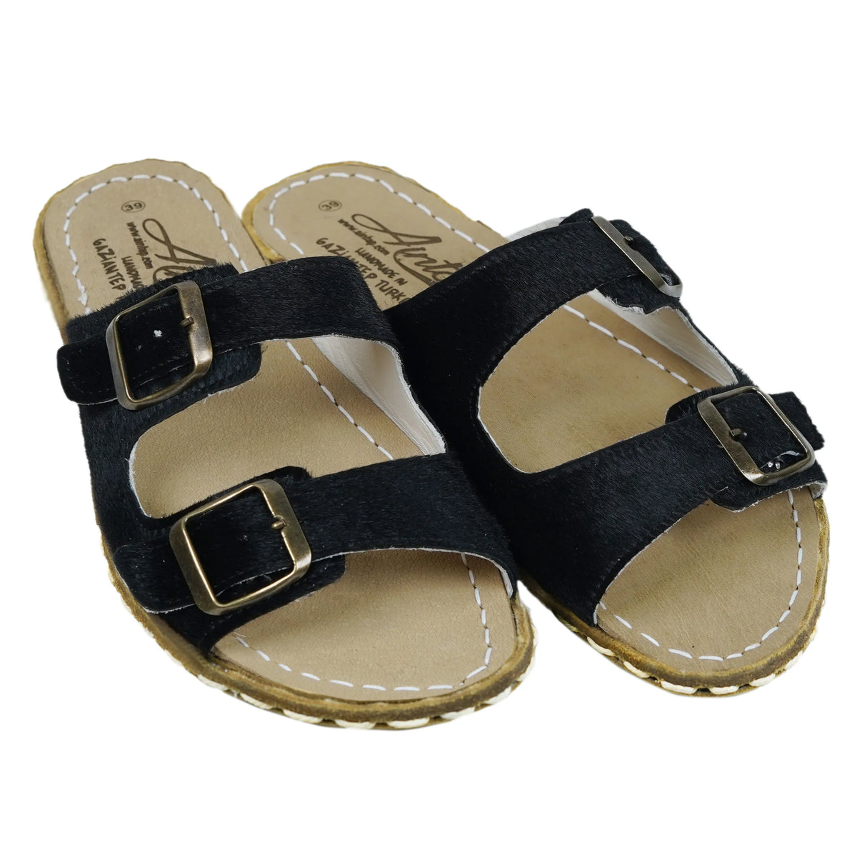 Hair Barefoot Double Strap Sandals Shoes — Leather Sole – Black