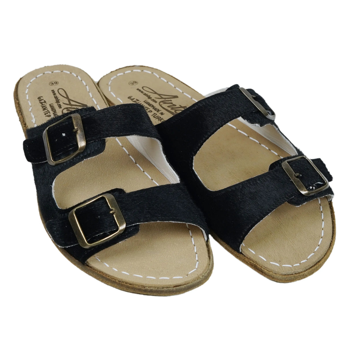 Hair Barefoot Double Strap Sandals Shoes – Classic Sole — Leather Sole – Black
