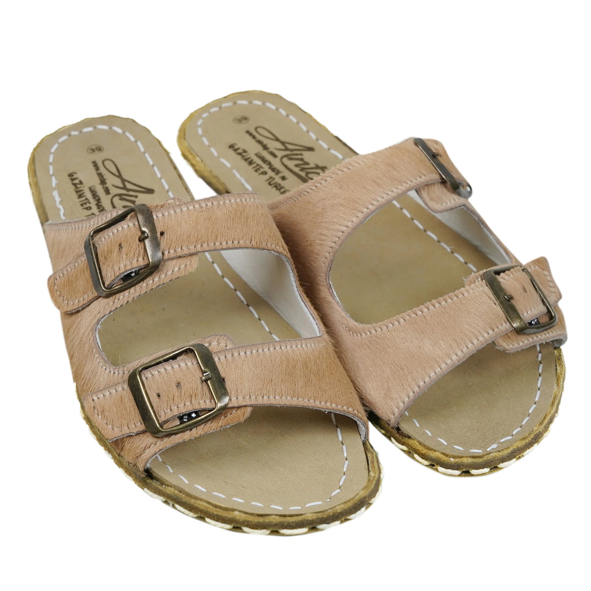 Hair Barefoot Double Strap Sandals Shoes — Leather Sole – Beige Undyed