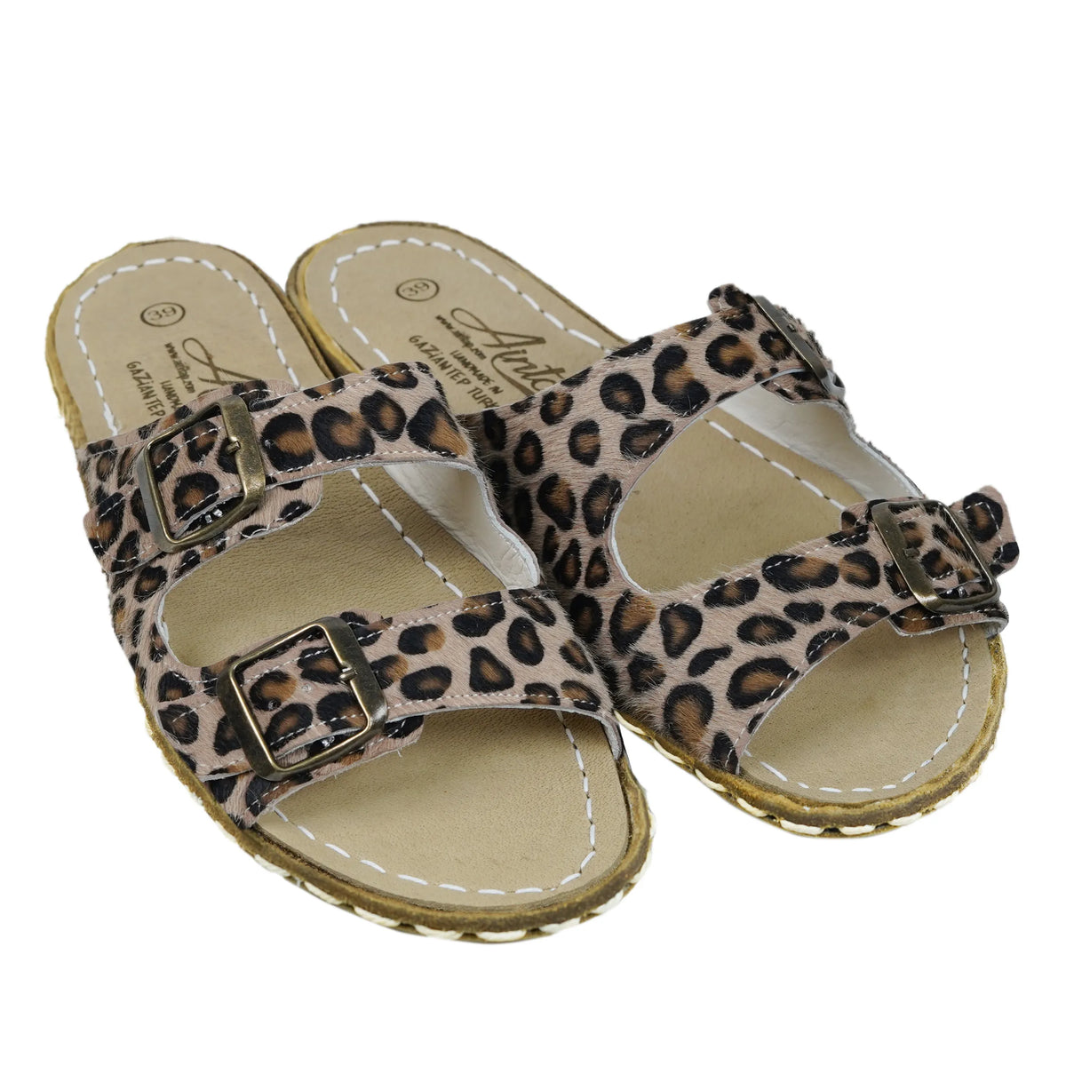 Hair Barefoot Double Strap Sandals Shoes – Leather Sole – Leopard