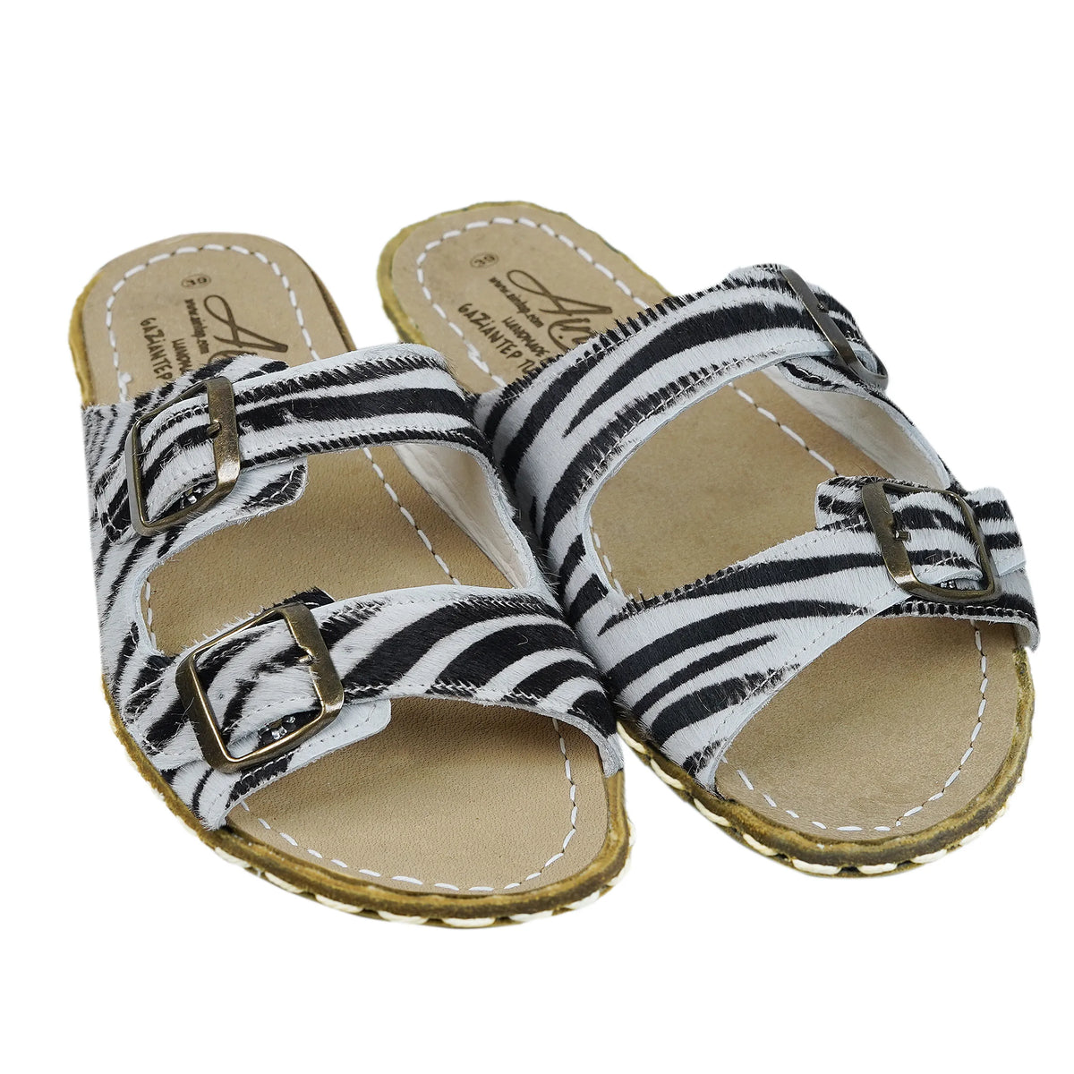 Hair Barefoot Double Strap Sandals Shoes – Leather Sole – Zebra