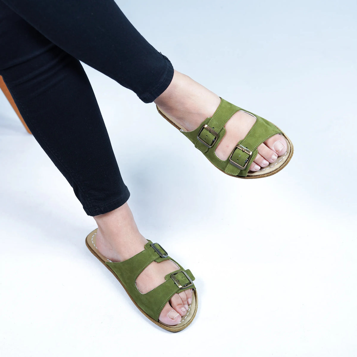 Nubuck Barefoot Double Strap Sandals Shoes – Classic Sole — Leather Sole – Green