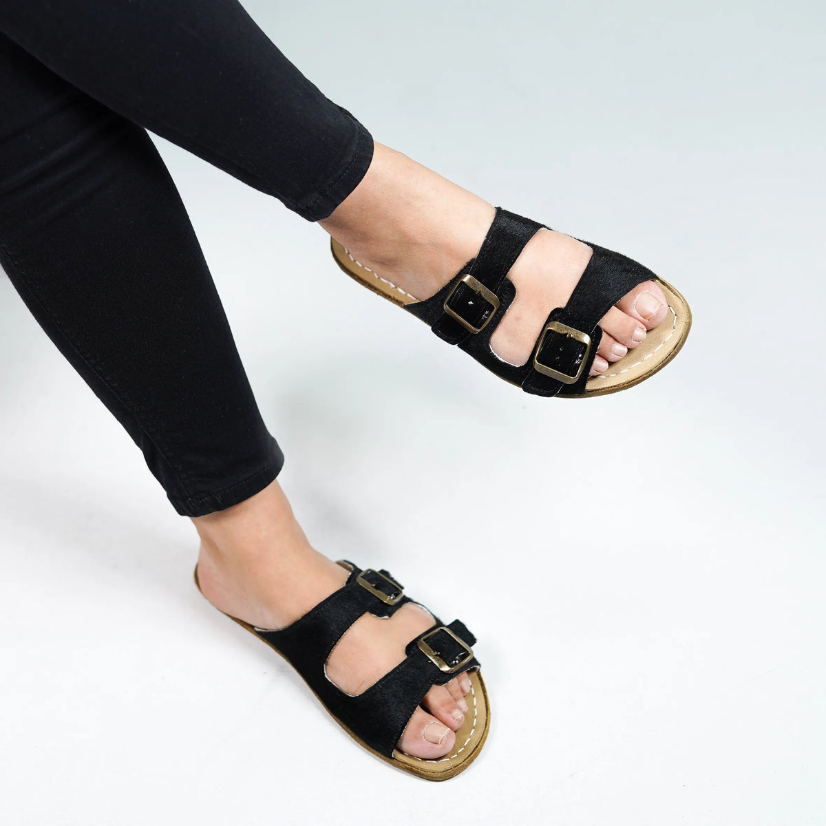 Hair Barefoot Double Strap Sandals Shoes - Classic Sole - Leather Sole – Black