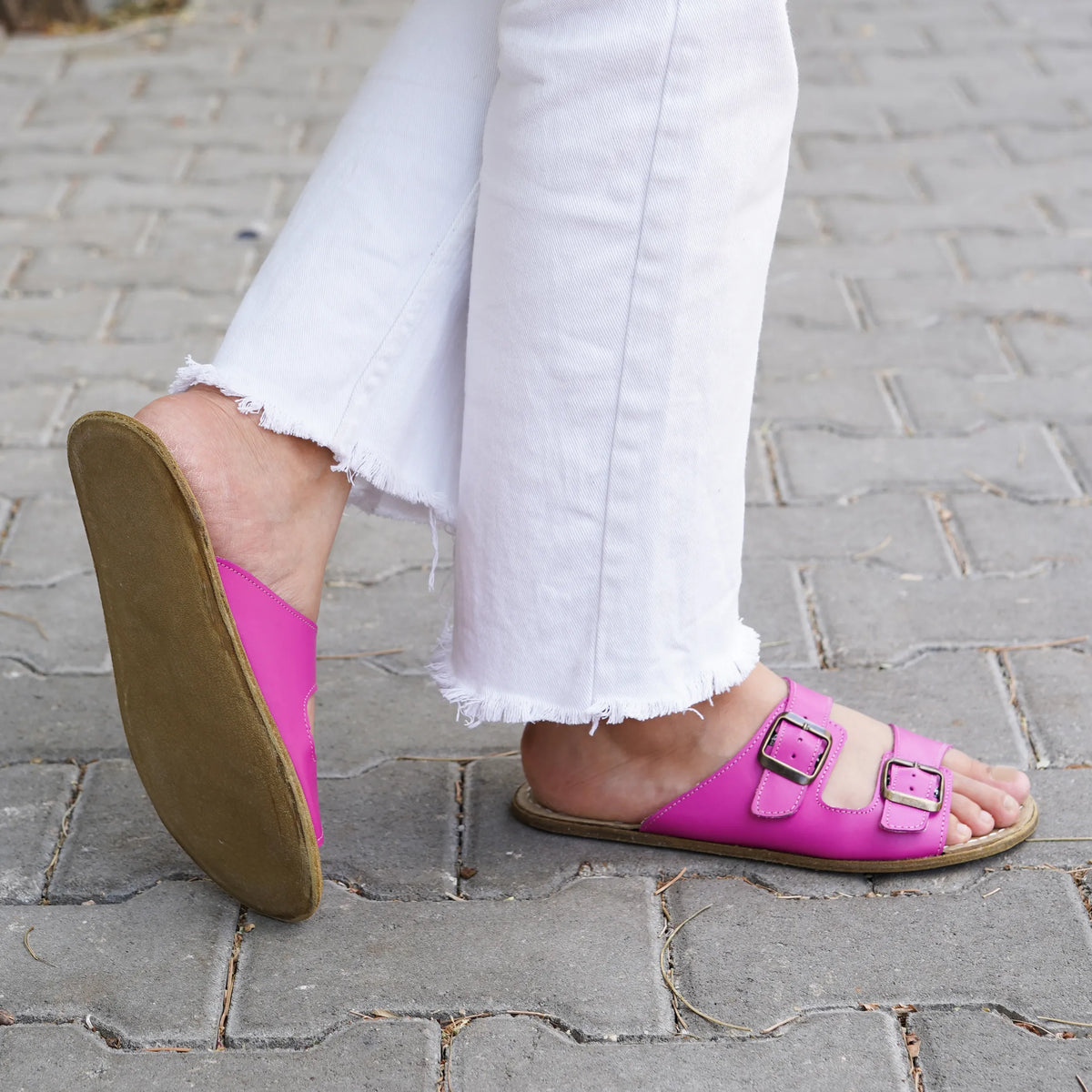 Smooth Barefoot Double Strap Sandals Shoes – Classic Sole — Leather Sole – Fuscia