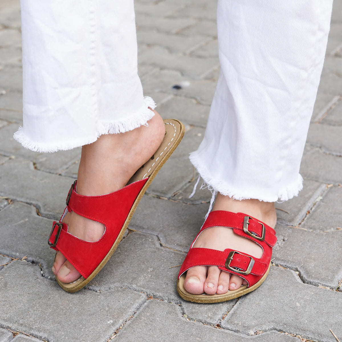 Nubuck Barefoot Double Strap Sandal Shoes – Classic Sole — Leather Sole – Red