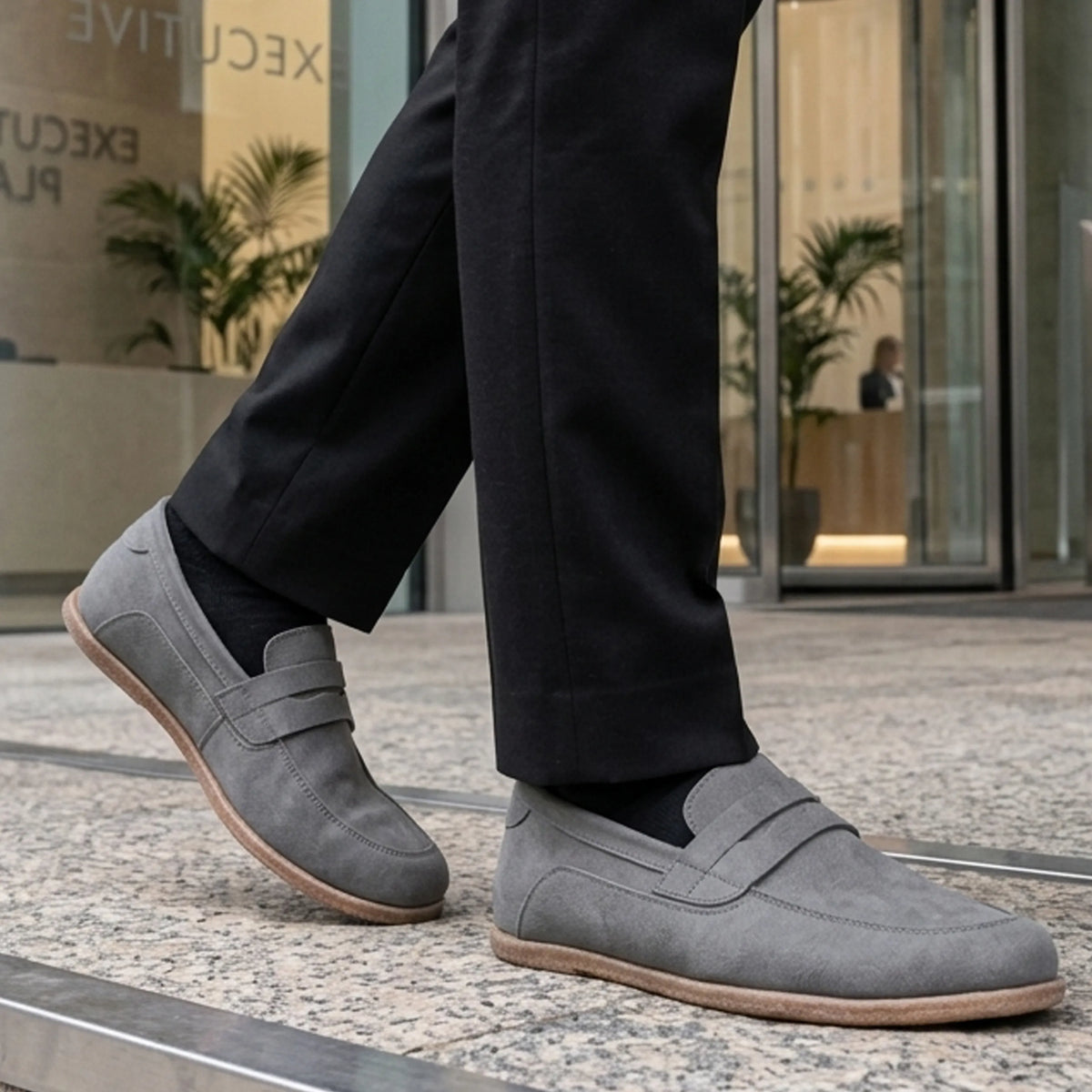 Suede Barefoot Penny Loafer Shoes – Classic Sole — Leather Sole – Gray