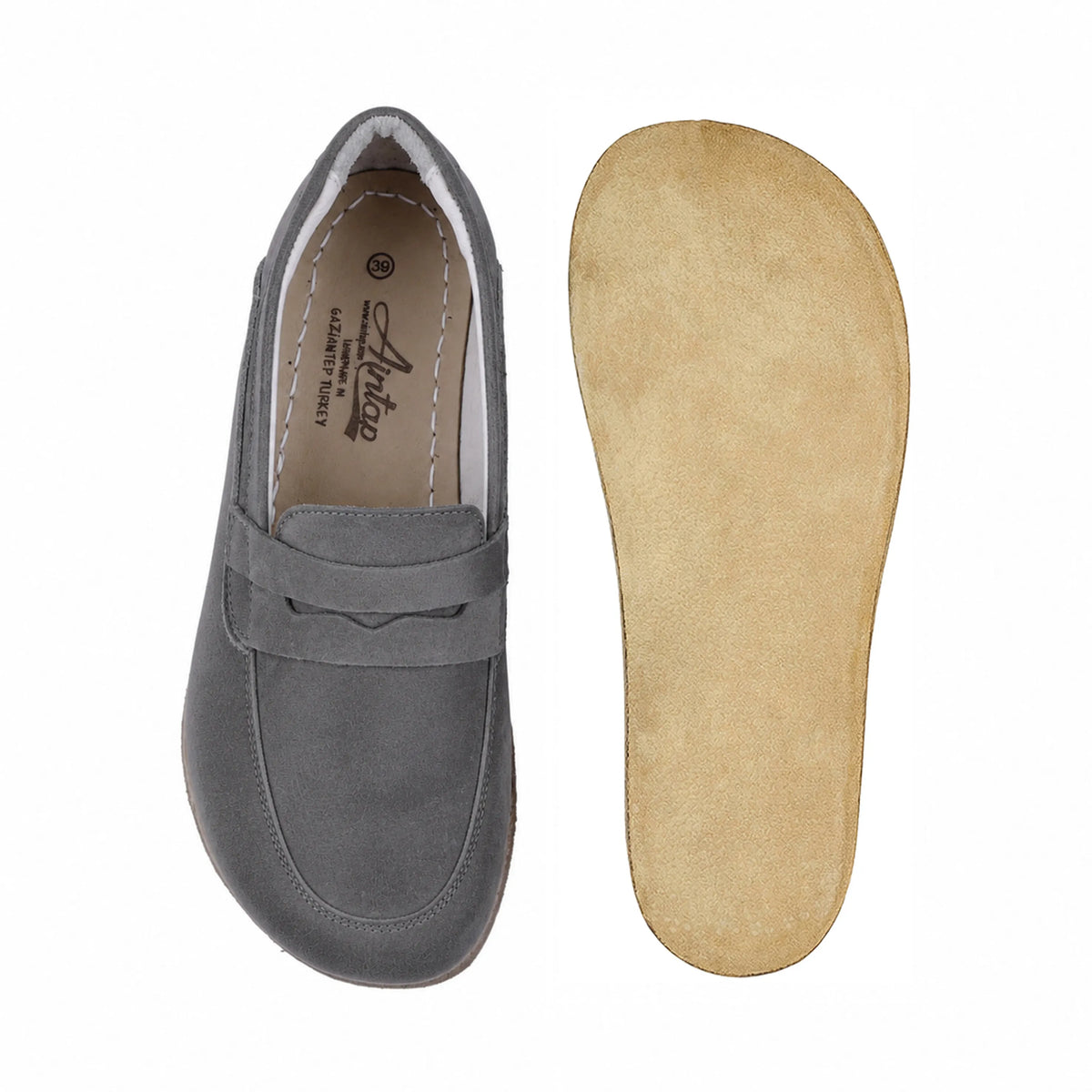Suede Barefoot Penny Loafer Shoes – Classic Sole — Leather Sole – Gray