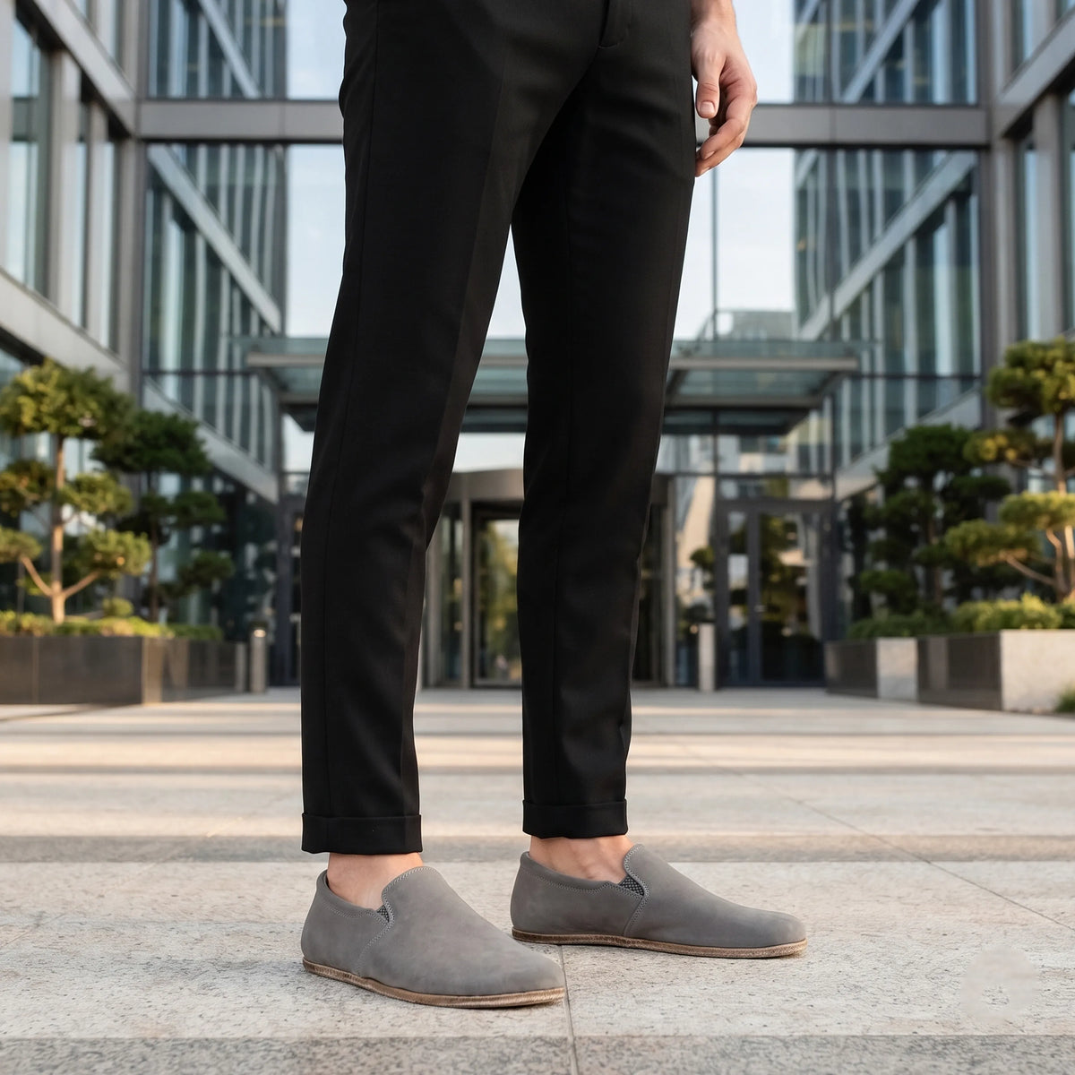 Nubuck Barefoot Slip-On Shoes – Classic Sole — Leather Sole – Gray