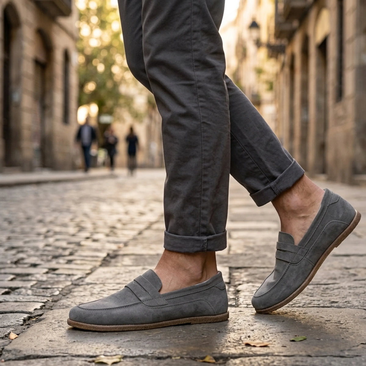 Suede Barefoot Penny Loafer Shoes – Classic Sole — Leather Sole – Gray