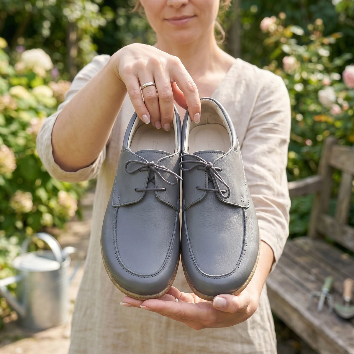 Smooth Barefoot Laces Penny Loafer Shoes – Classic Sole — Leather Sole – Gray