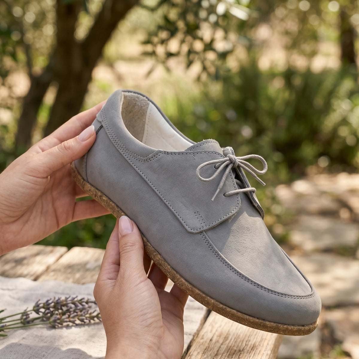 Nubuck Barefoot Laces Penny Loafer Shoes – Classic Sole — Leather Sole – Gray