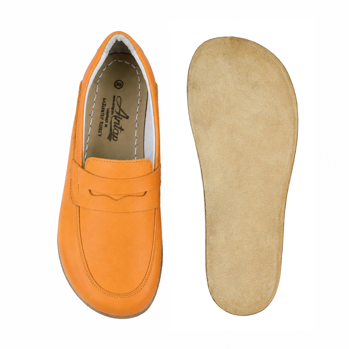 Smooth Barefoot Penny Loafer Shoes – Classic Sole — Leather Sole – Mustard