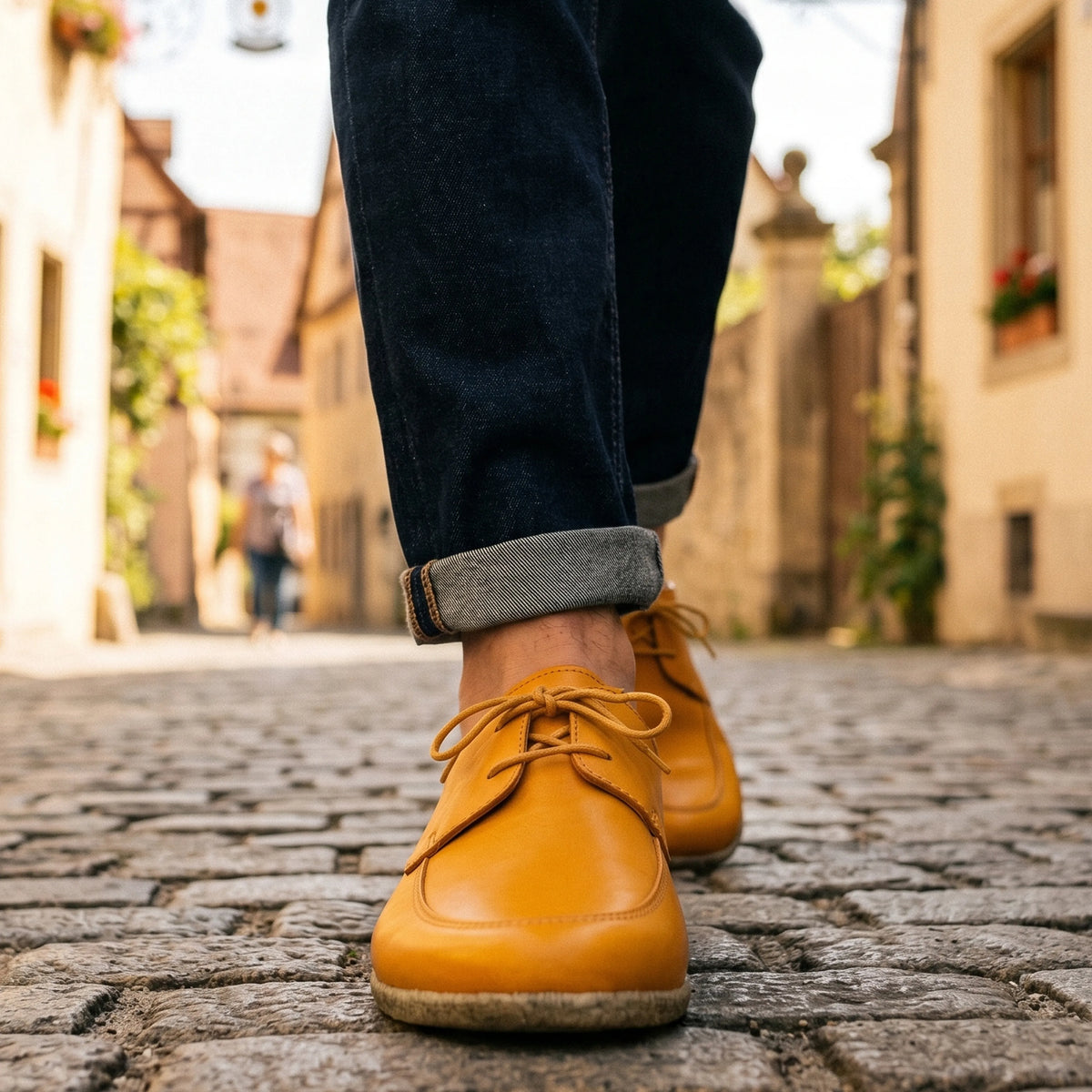 Smooth Barefoot Laces Penny Loafer Shoes – Classic Sole — Leather Sole – Mustard
