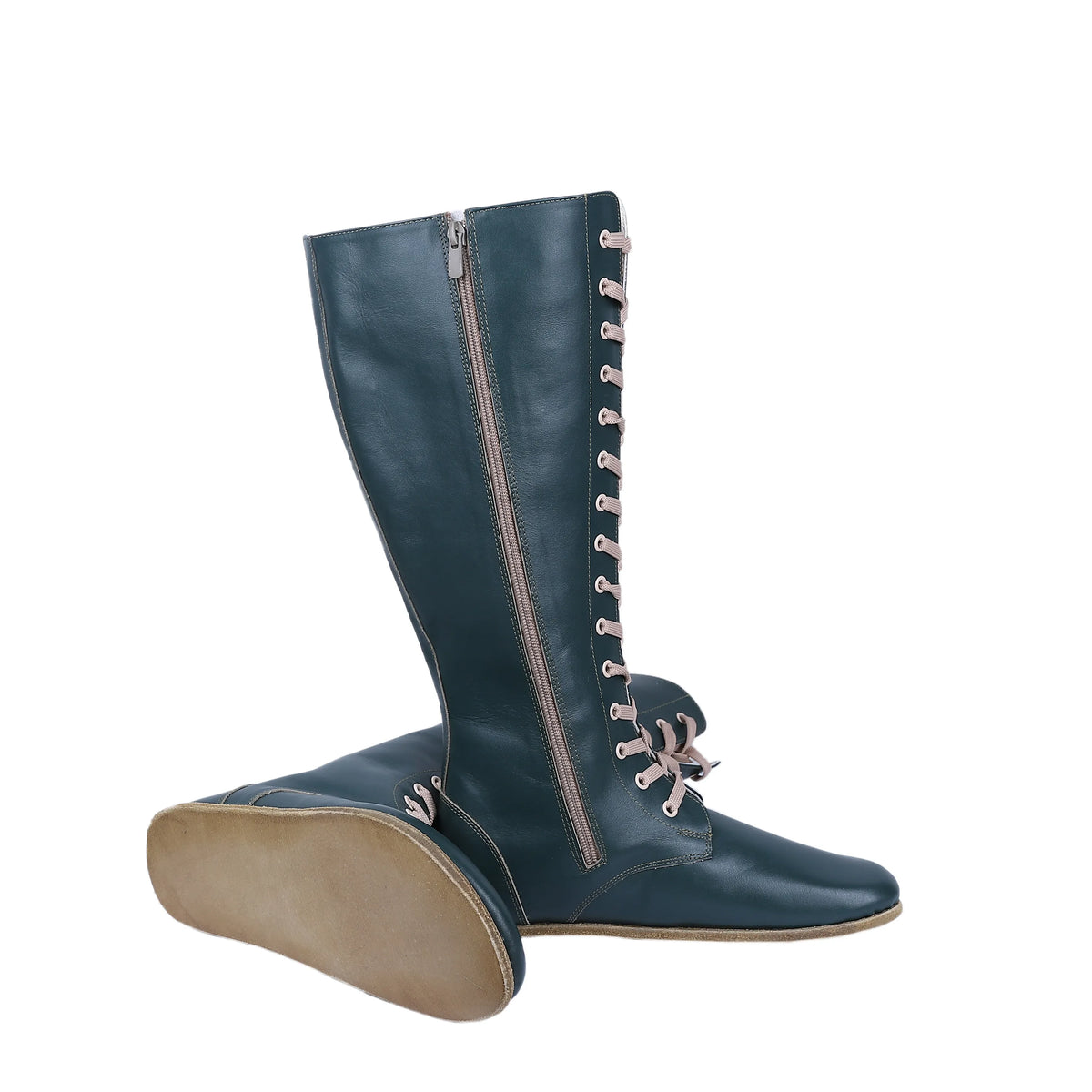 Smooth Barefoot Laces Knee Boots Shoes – Classic Sole — Leather Sole – Green