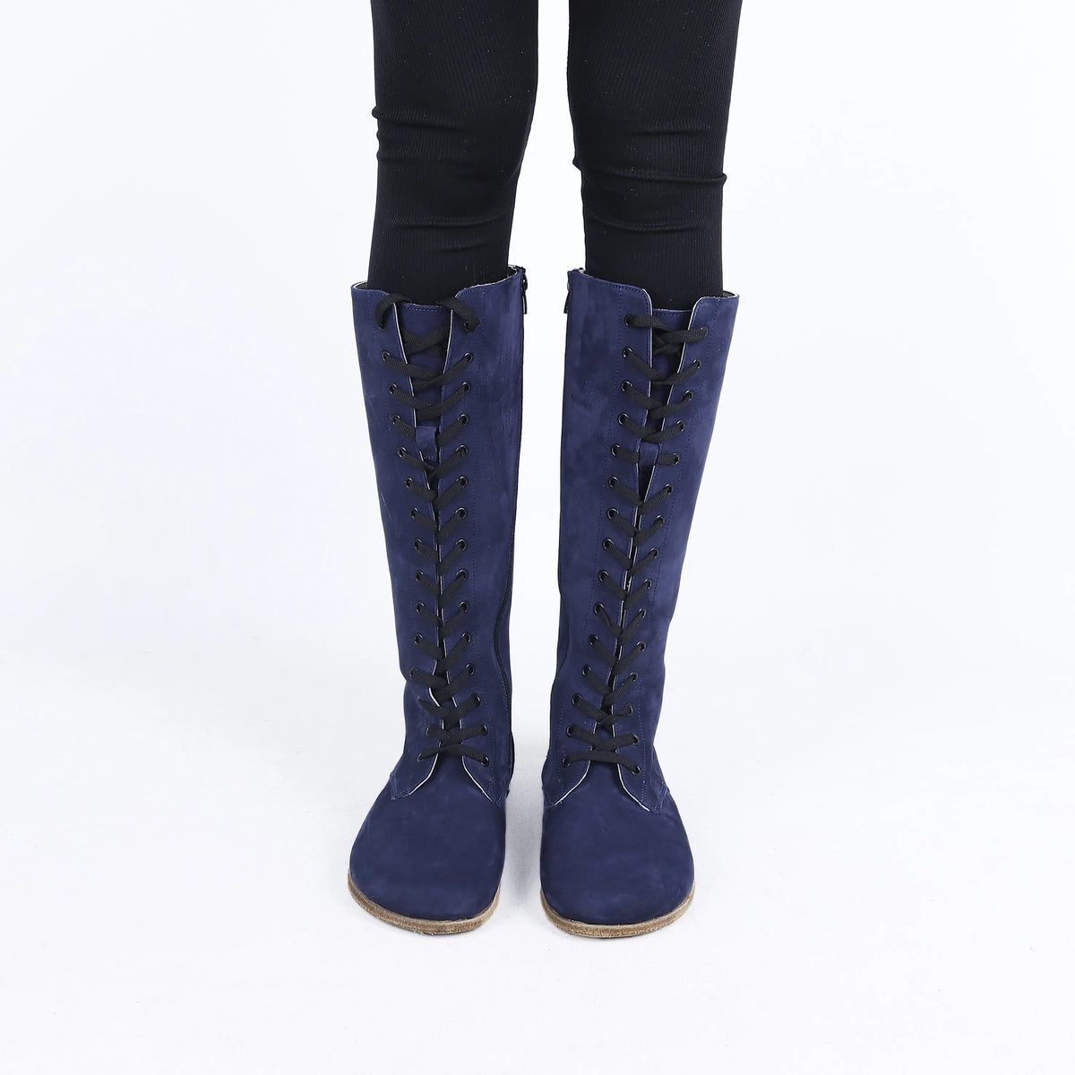 Nubuck Barefoot Laces Knee Boots Shoes – Classic Sole — Leather Sole – Navy Blue