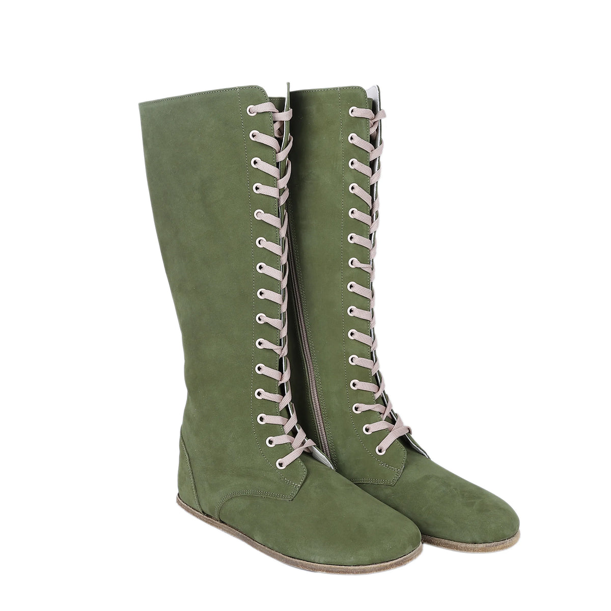 Nubuck Barefoot Laces Knee Boots Shoes – Classic Sole — Leather Sole – Green