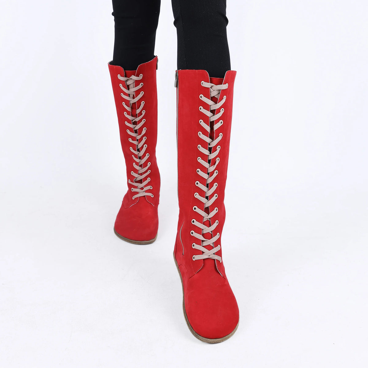 Nubuck Barefoot Laces Knee Boots Shoes – Classic Sole — Leather Sole – Red