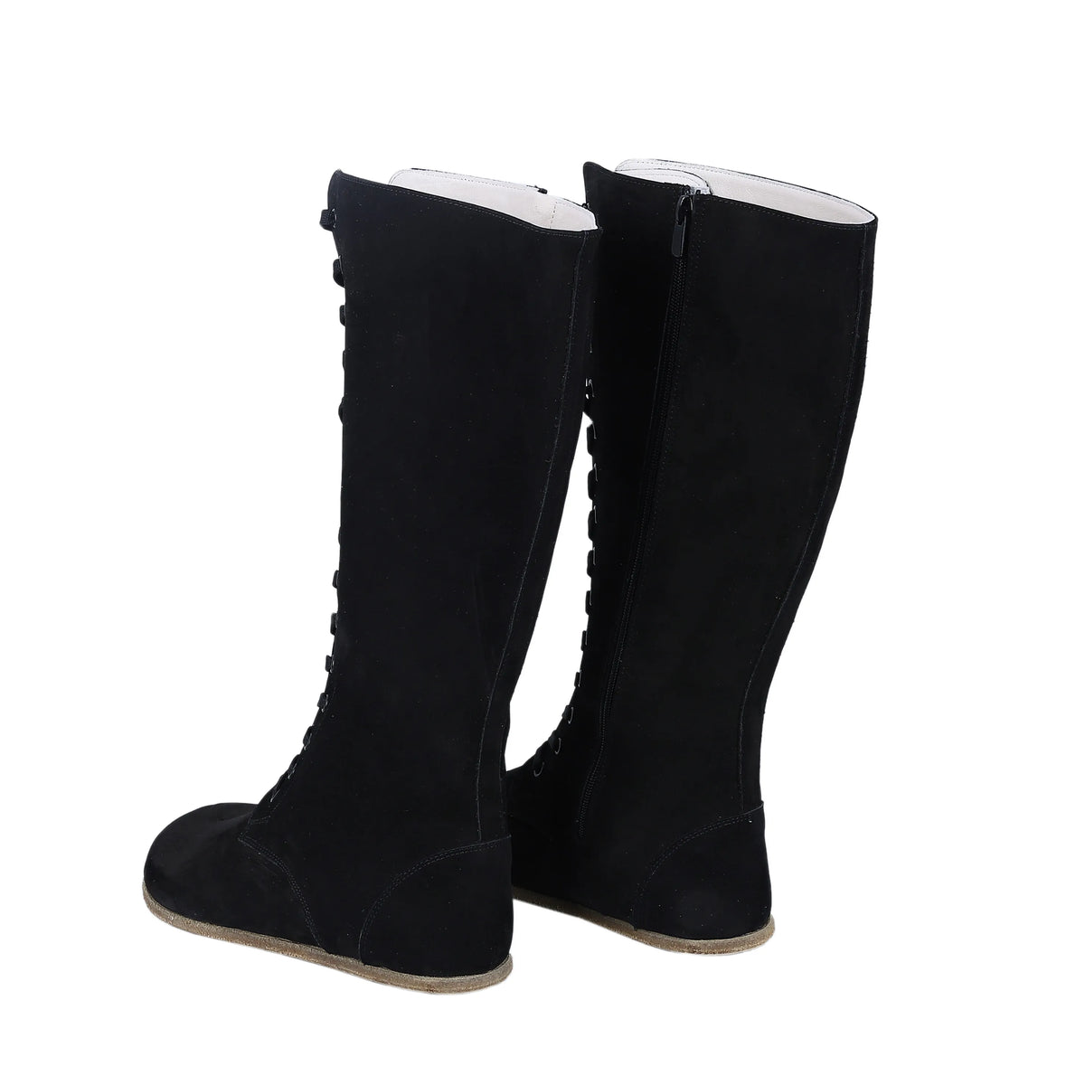 Nubuck Barefoot Laces Knee Boots Shoes – Classic Sole — Leather Sole – Black