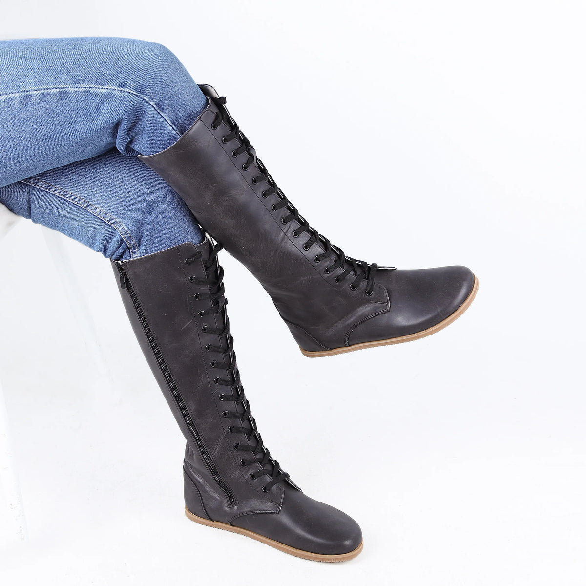 Crazy Barefoot Lace Knee Boots Shoes – Eva Outsole – Black