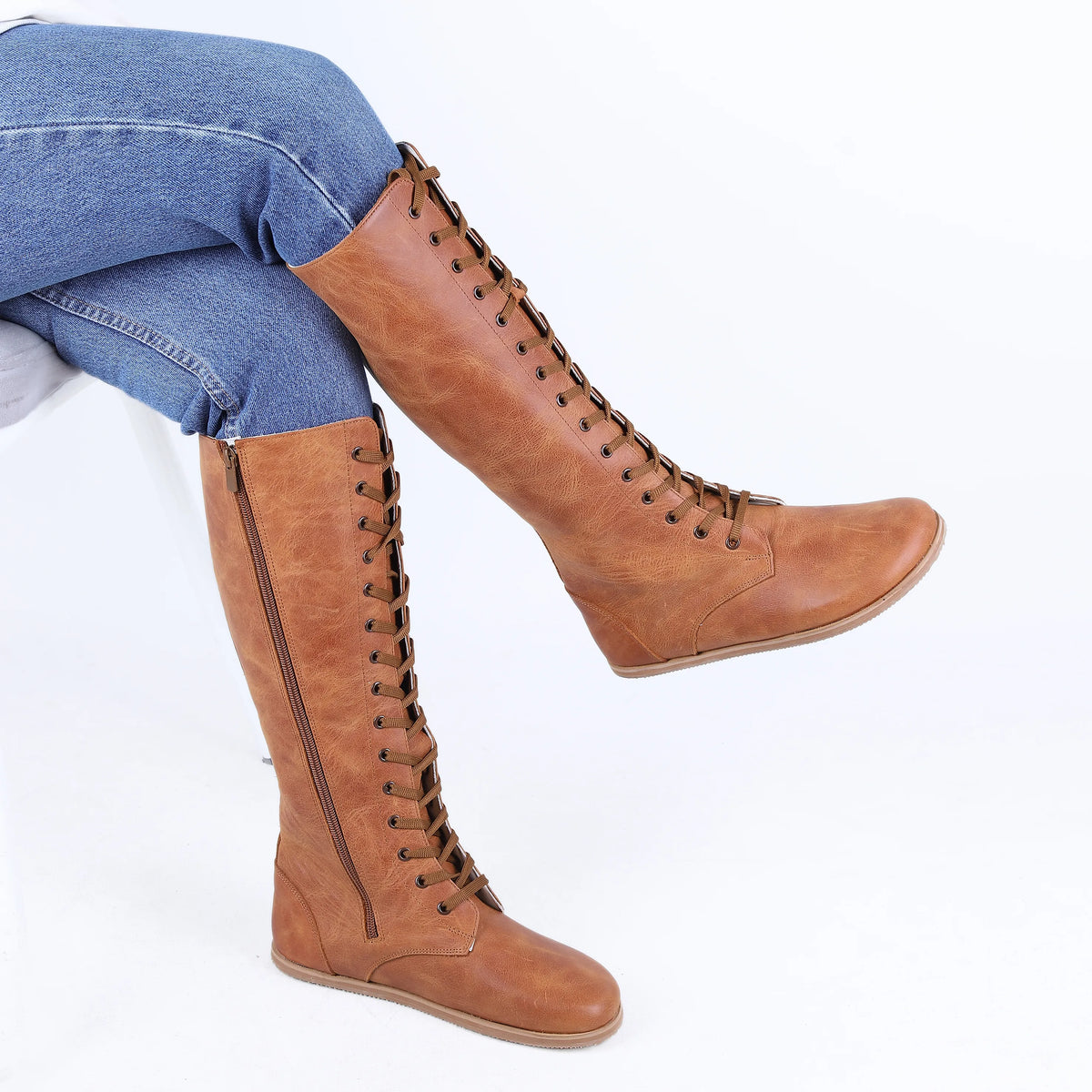 Crazy Barefoot Lace Knee Boots Shoes – Eva Outsole – Honey Camel
