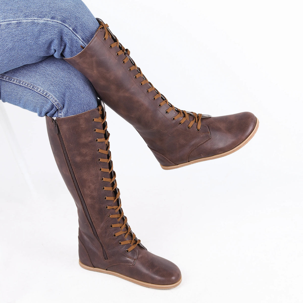 Crazy Barefoot Lace Knee Boots Shoes – Eva Outsole – Dark Brown