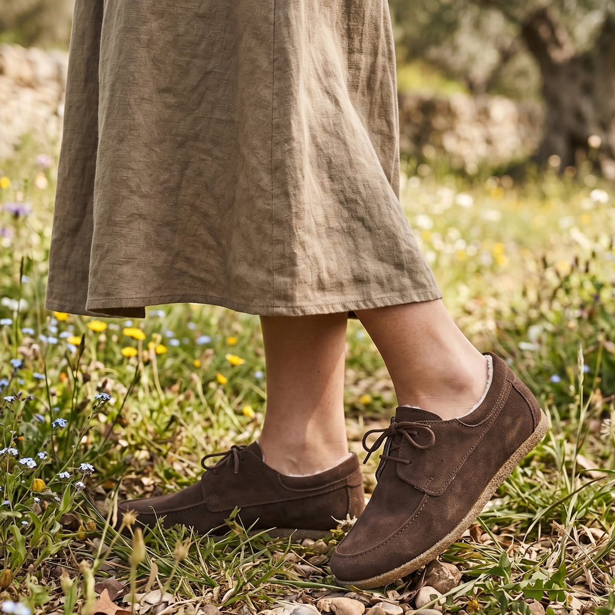 Suede Barefoot Laces Penny Loafer Shoes – Classic Sole — Leather Sole – Brown