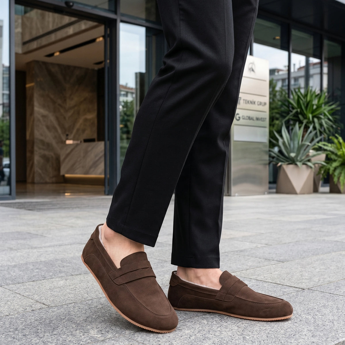 Suede Barefoot Penny Loafer Shoes – Rubber Sole – Brown