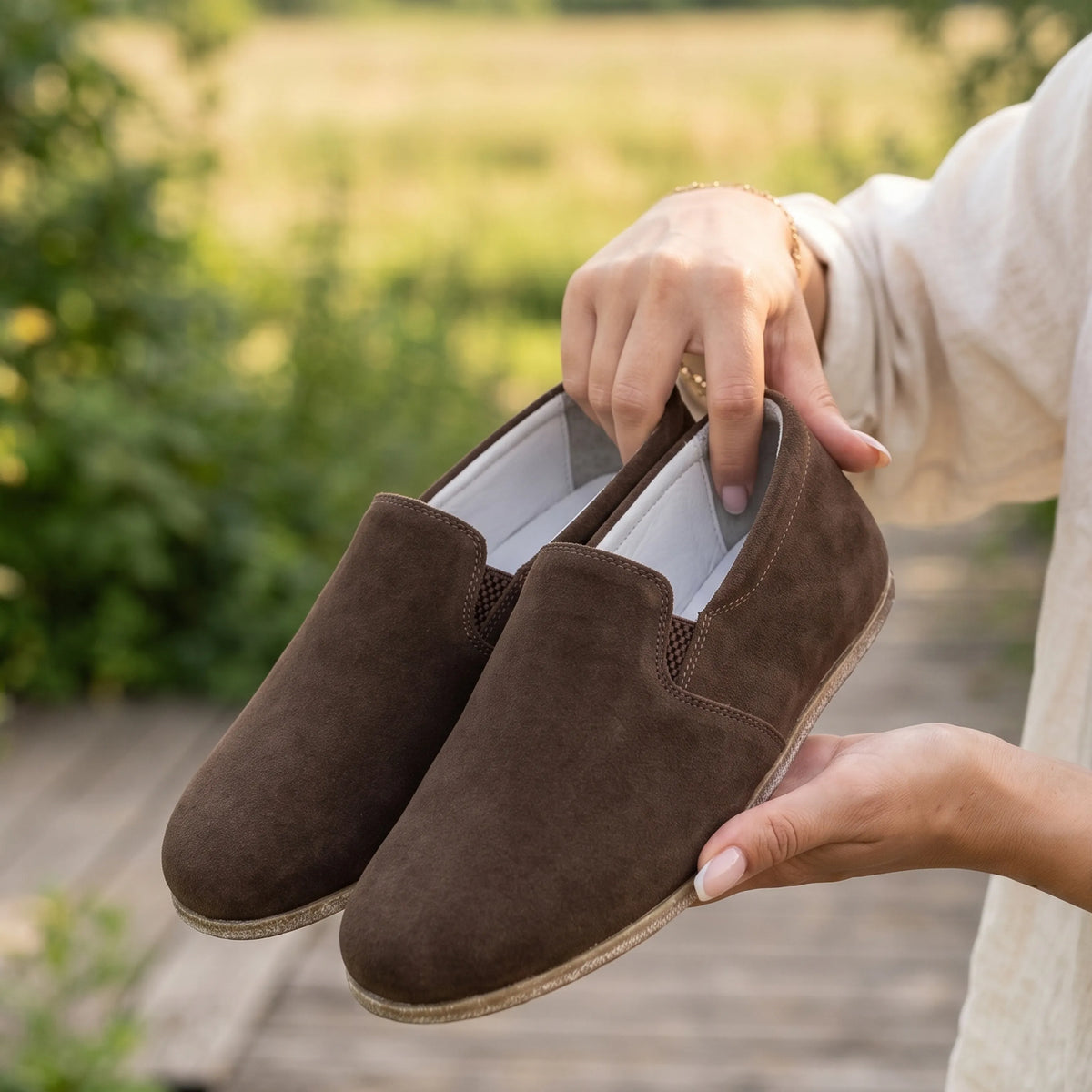 Suede Barefoot Slip-On Shoes – Classic Sole — Leather Sole – Brown