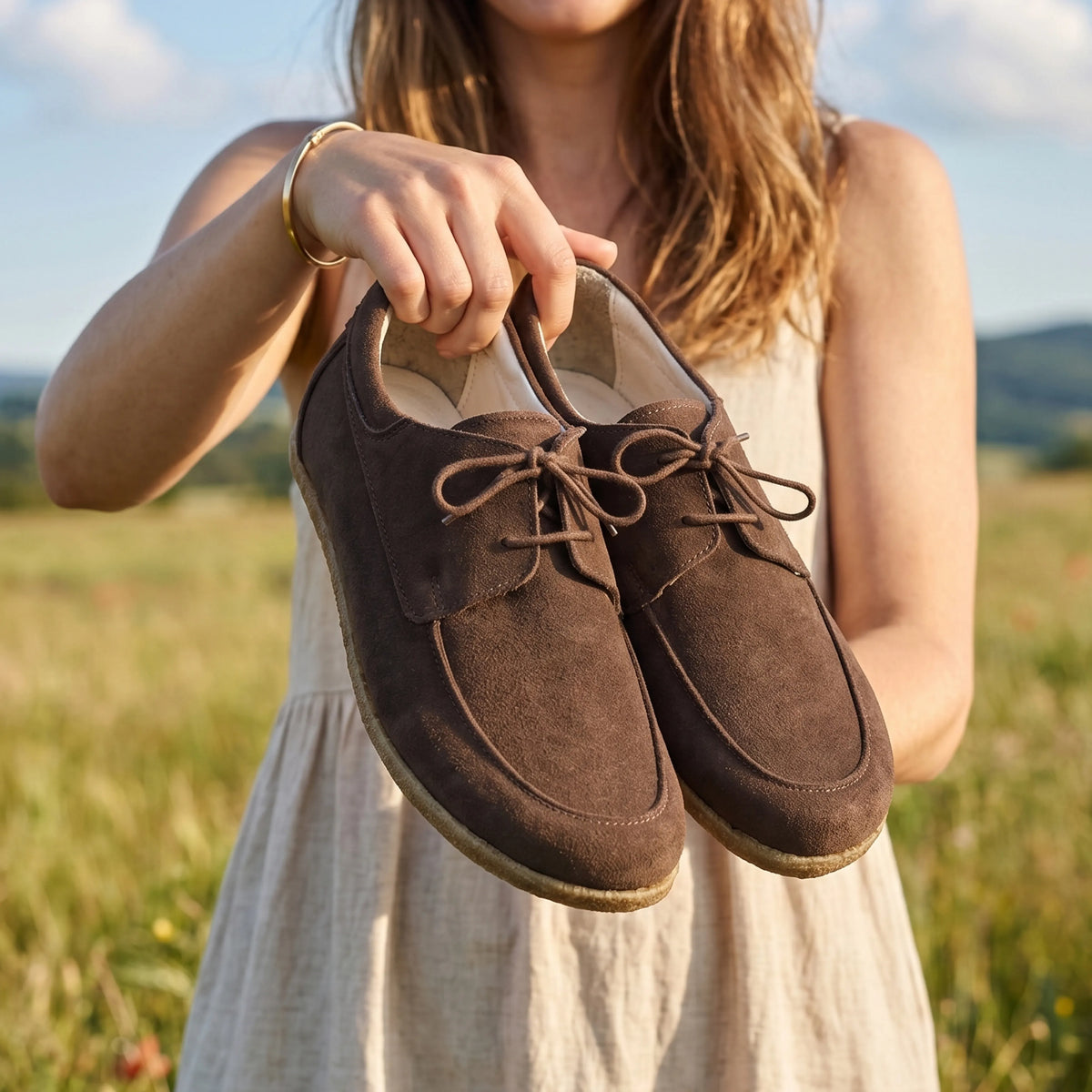 Suede Barefoot Laces Penny Loafer Shoes – Classic Sole — Leather Sole – Brown
