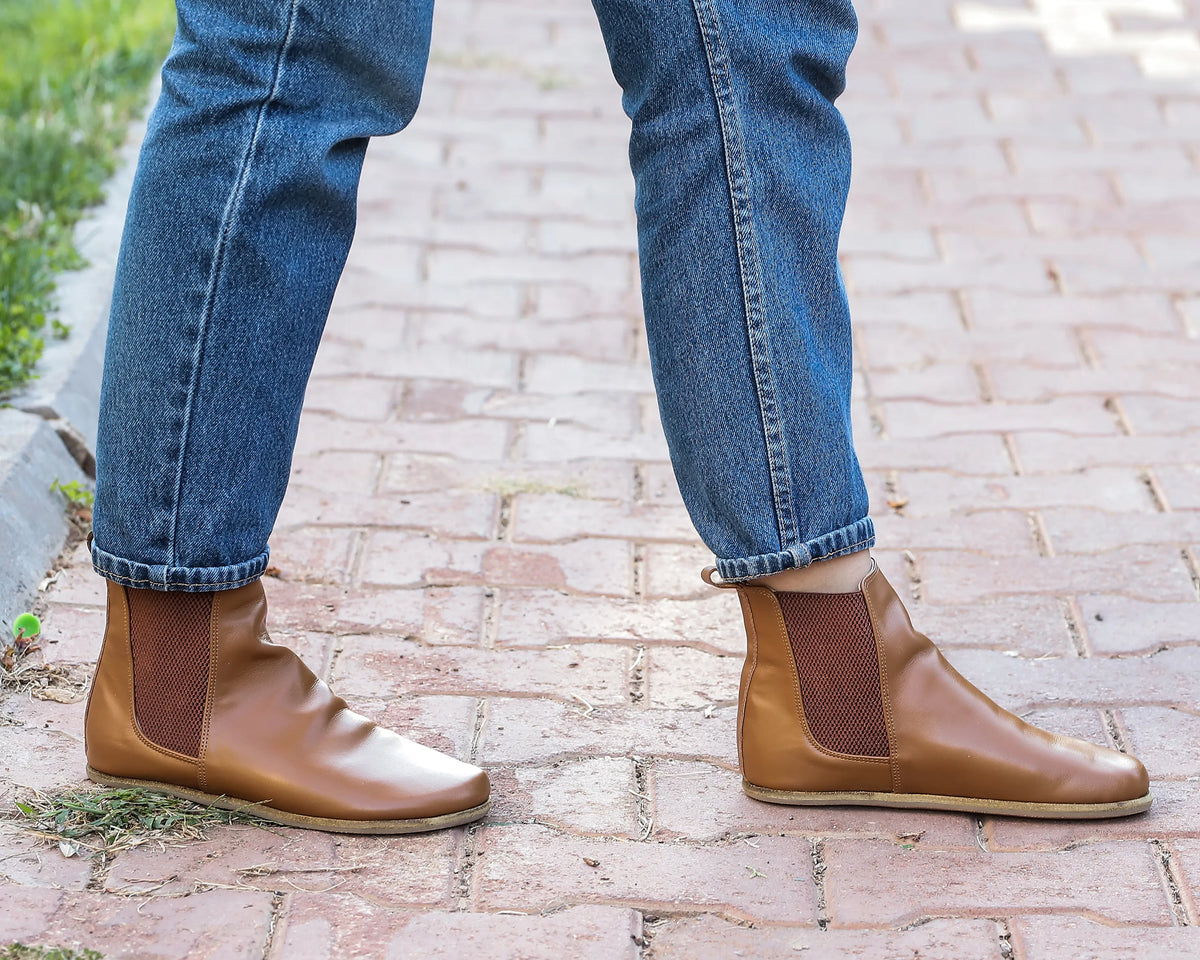 Smooth Barefoot Chelsea Boots Shoes – Classic Sole — Leather Sole – Tan