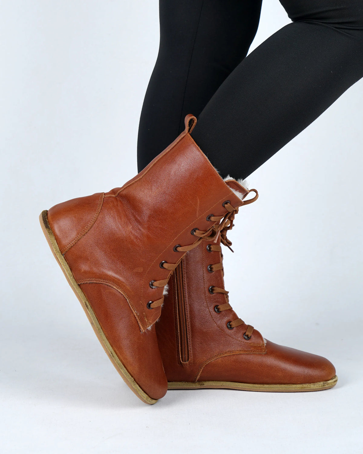 Smooth Barefoot Shearling Long Boots Shoes – Classic Sole — Leather Sole – Brown