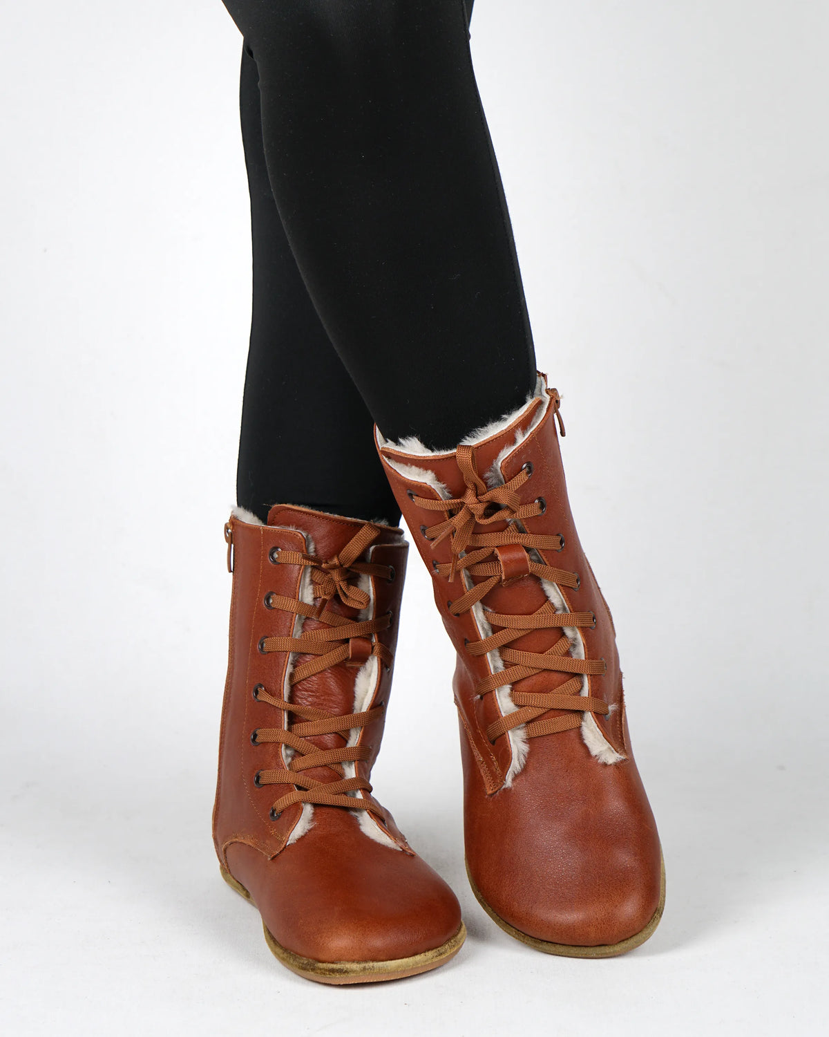 Smooth Barefoot Shearling Long Boots Shoes – Classic Sole — Leather Sole – Brown