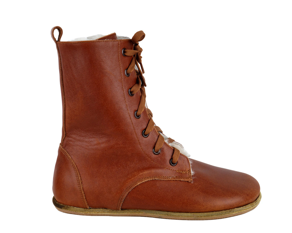 Smooth Barefoot Shearling Long Boots Shoes – Classic Sole — Leather Sole – Brown