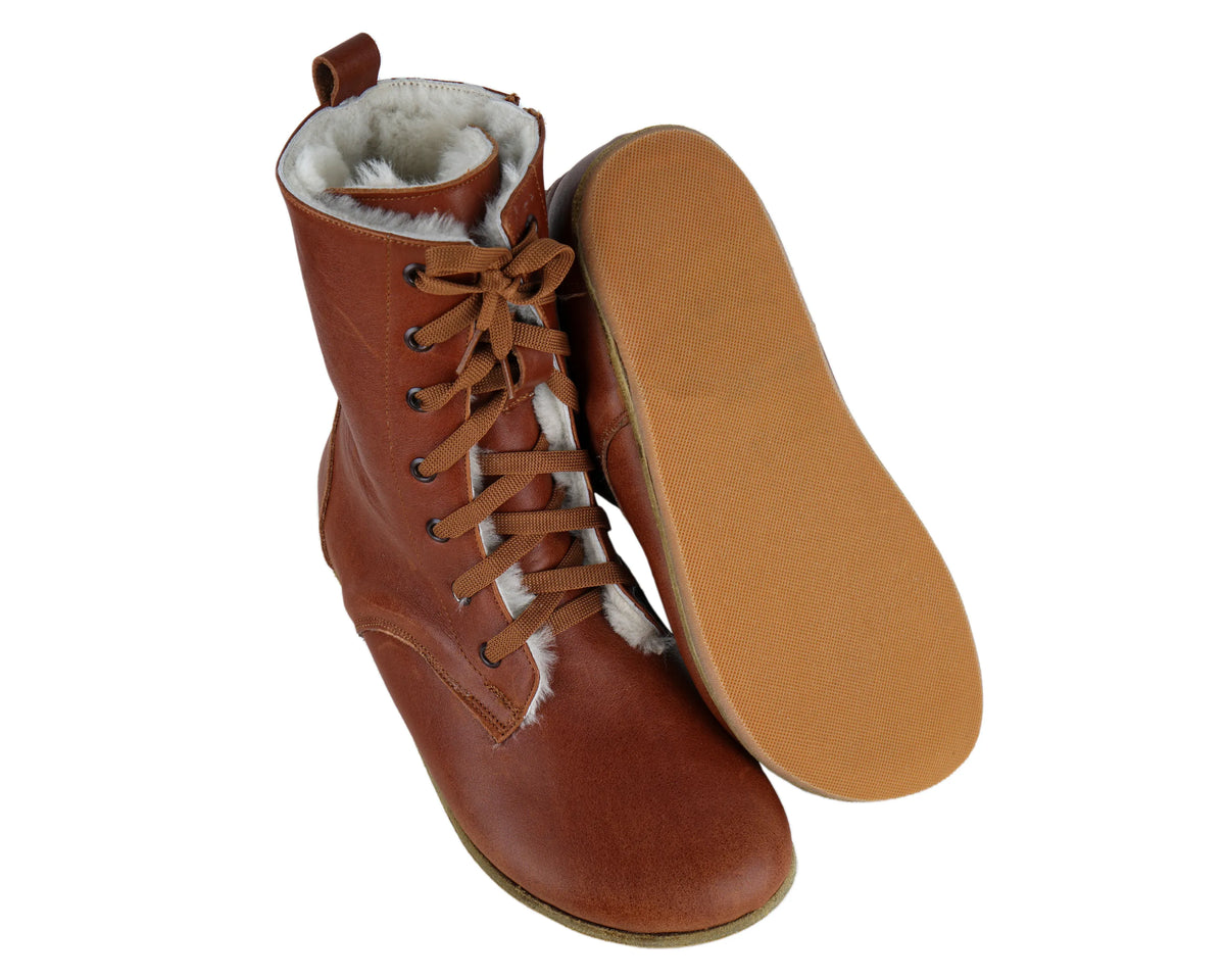 Smooth Barefoot Shearling Long Boots Shoes – Classic Sole — Leather Sole – Brown