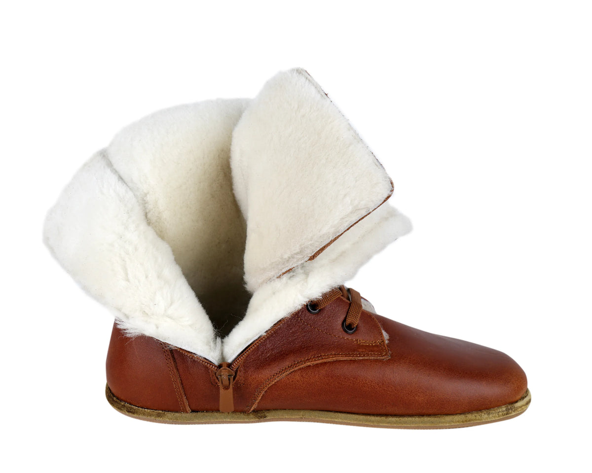 Smooth Barefoot Shearling Long Boots Shoes – Classic Sole — Leather Sole – Brown