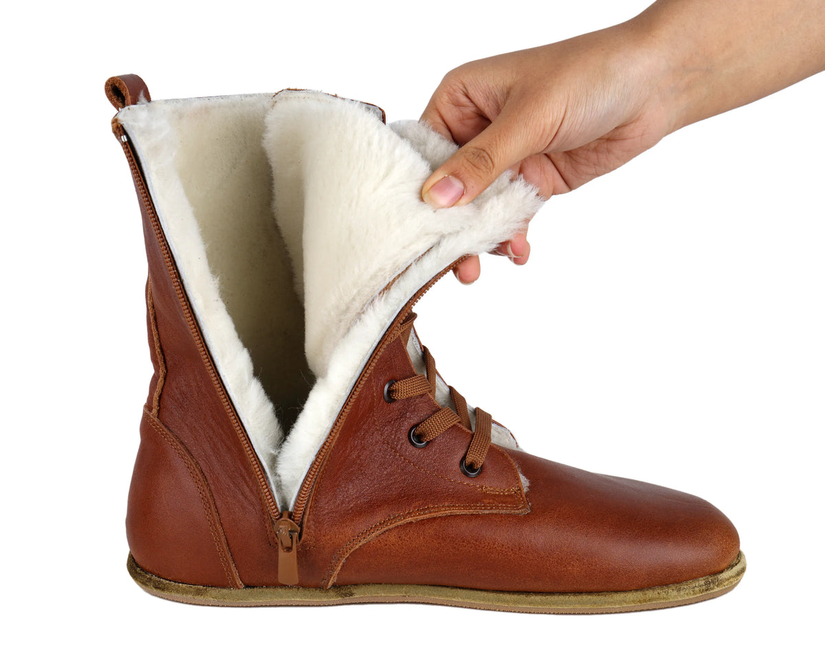 Smooth Barefoot Shearling Long Boots Shoes – Classic Sole — Leather Sole – Brown