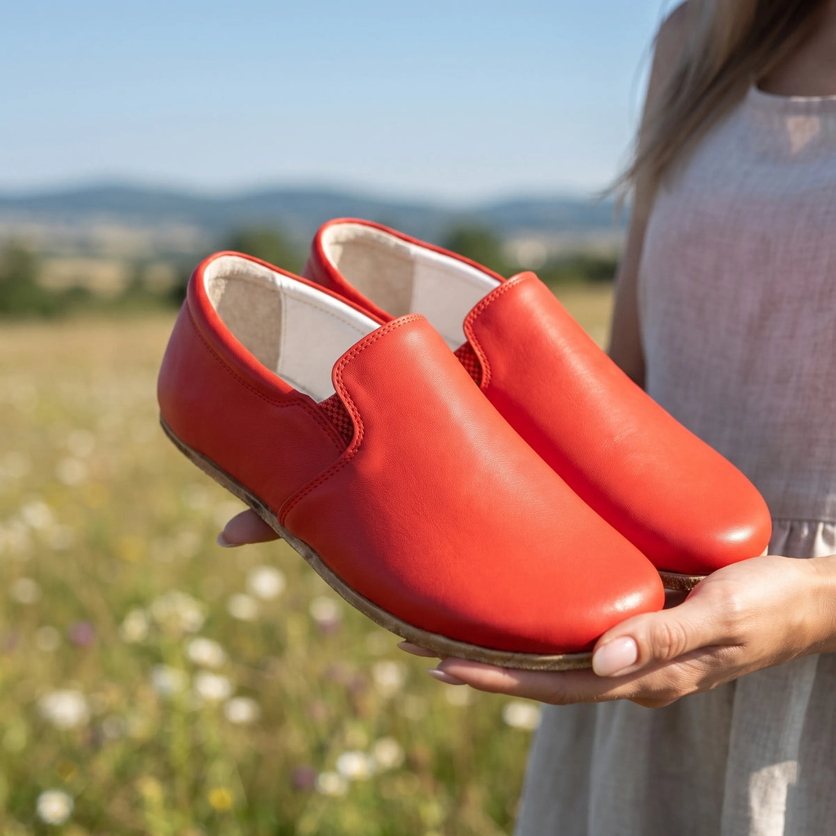 Smooth Barefoot Slip-On Shoes – Classic Sole — Leather Sole – Red