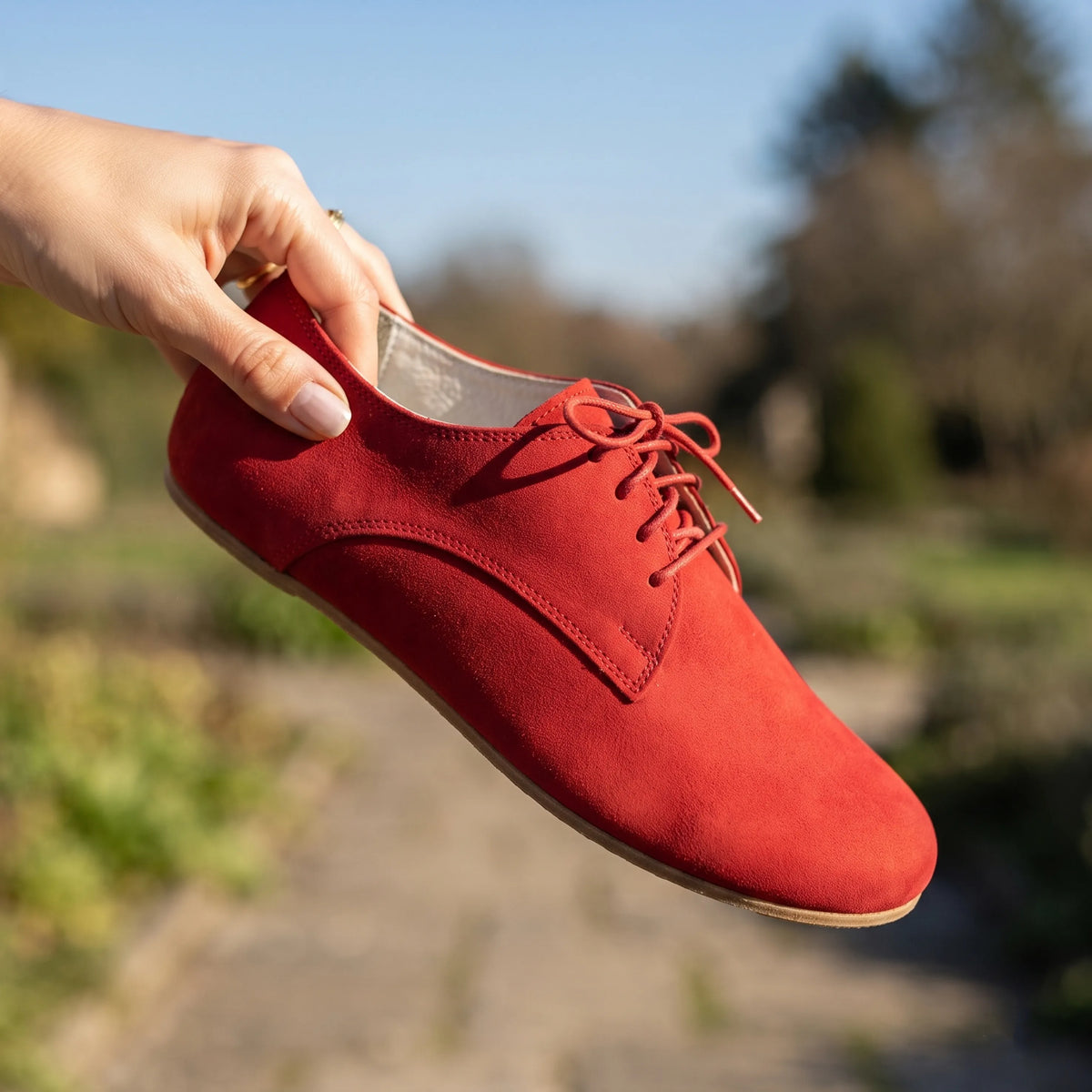 Nubuck Barefoot Oxford Shoes – Classic Sole — Leather Sole – Red