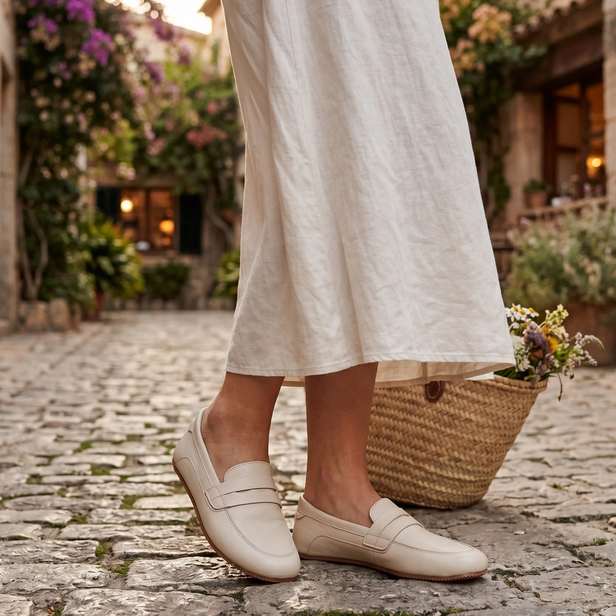 Smooth Barefoot Penny Loafer Shoes – Rubber Sole – Cream