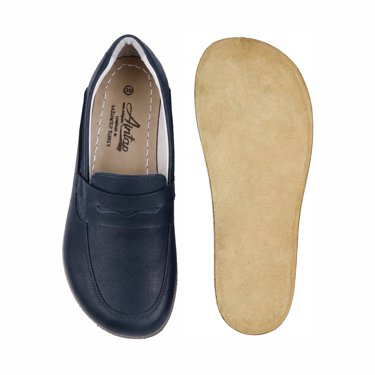 Smooth Barefoot Penny Loafer Shoes – Classic Sole — Leather Sole – Navy Blue
