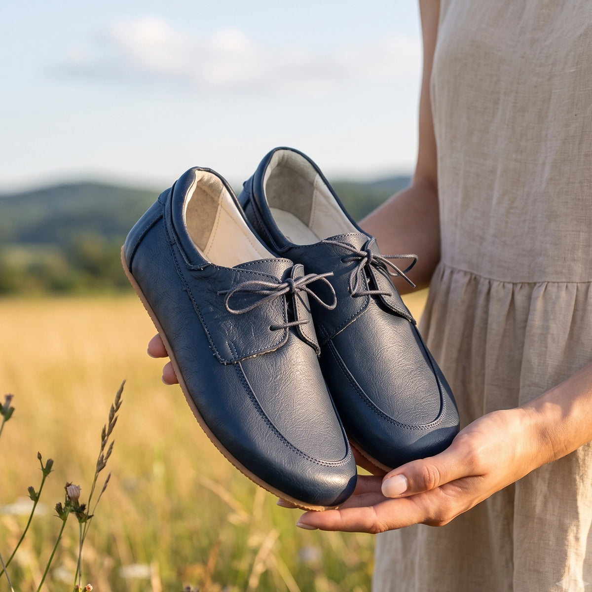 Smooth Barefoot Laces Penny Loafer Shoes – Rubber Sole – Navy Blue