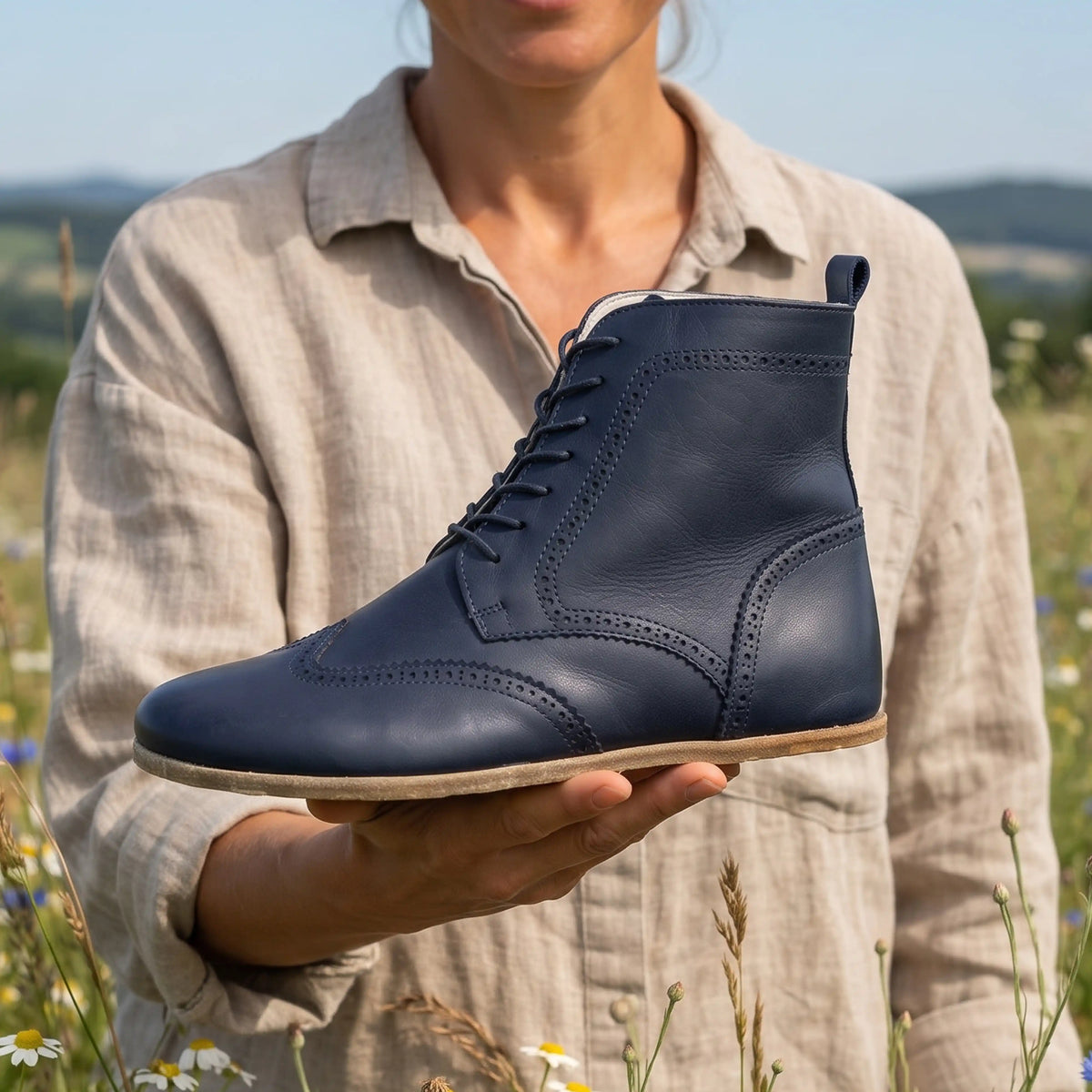 Smooth Barefoot Moccasin Boots Shoes – Classic Sole — Leather Sole – Navy Blue
