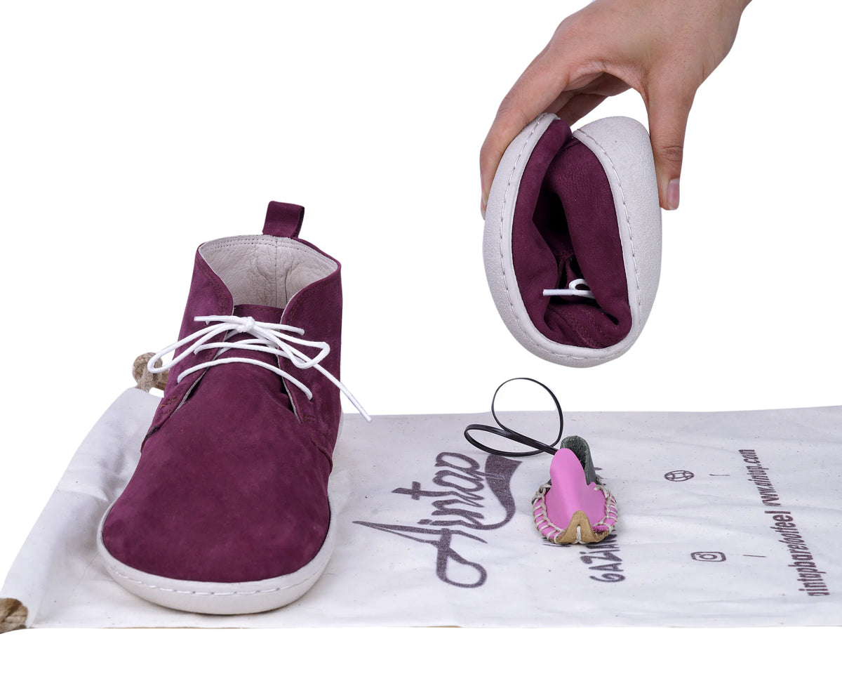 Nubuck Barefoot Bootie Laces Shoes – 6 mm Rubber Sole – Burgundy