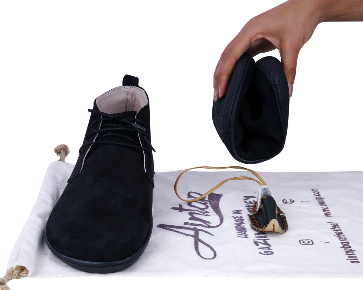 Nubuck Barefoot Bootie Laces Shoes – 6 mm Rubber Sole – Black