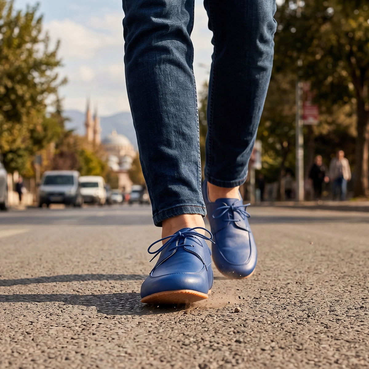 Smooth Barefoot Laces Penny Loafer Shoes – Rubber Sole – Bright Blue