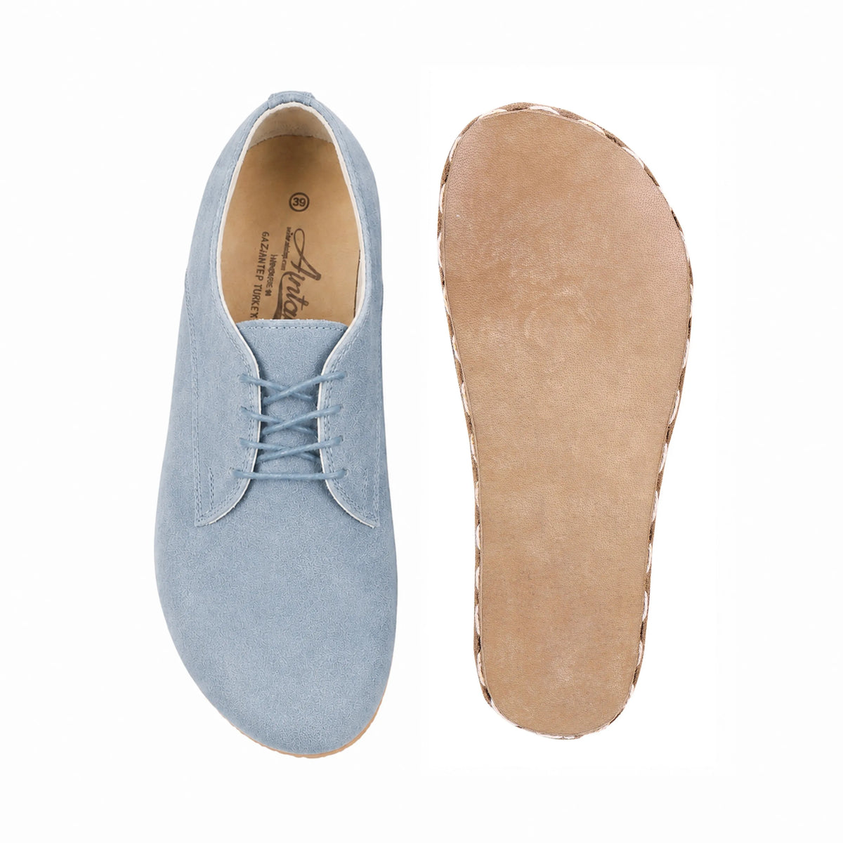 Suede Barefoot Oxford Shoes — Leather Sole – Baby Blue