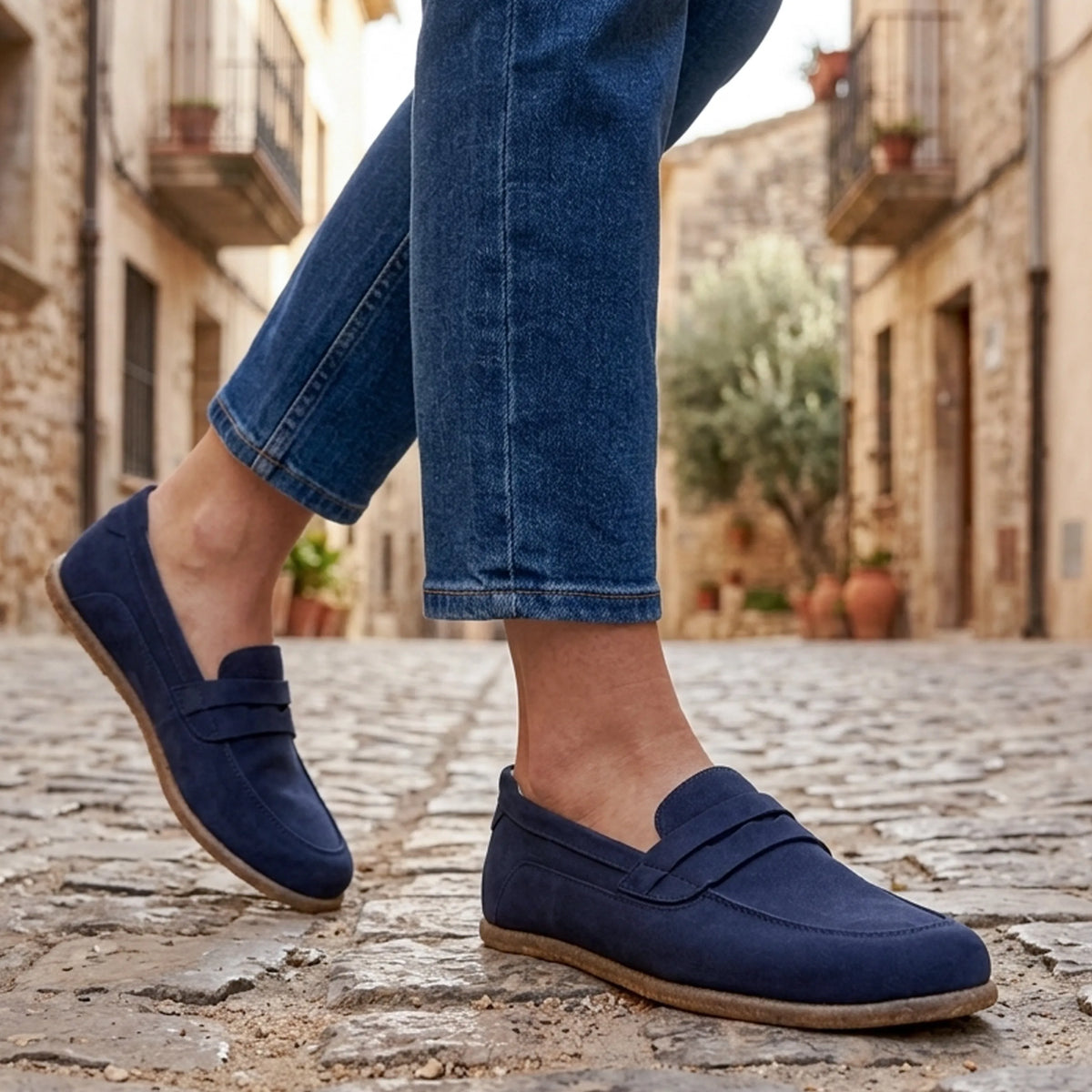Suede Barefoot Penny Loafer Shoes – Classic Sole — Leather Sole – Navy Blue