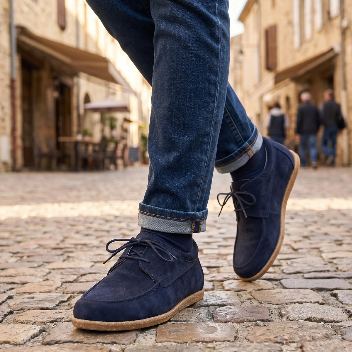 Suede Barefoot Laces Penny Loafer Shoes – Classic Sole — Leather Sole – Navy Blue