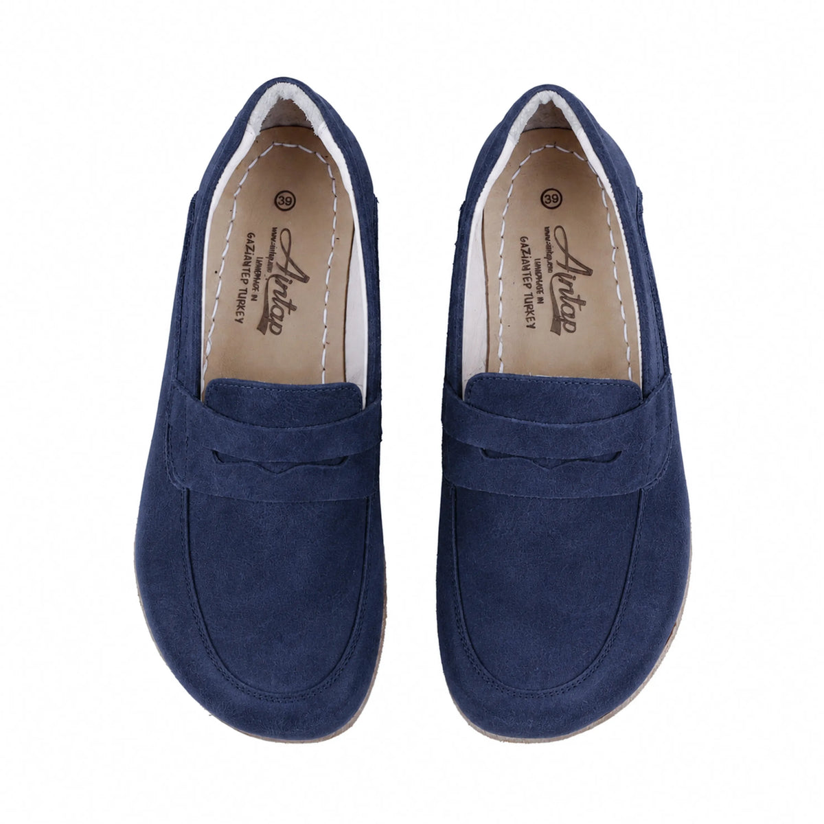 Suede Barefoot Penny Loafer Shoes – Classic Sole — Leather Sole – Navy Blue